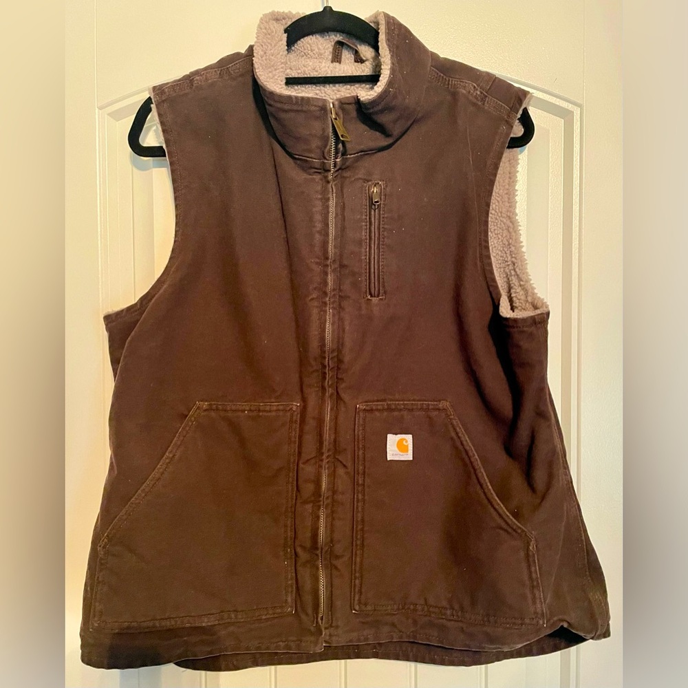 CARHART Brown Canvas / Denim Sherpa Lined Vest Sz 12 / 14. Fits a Size 8/10